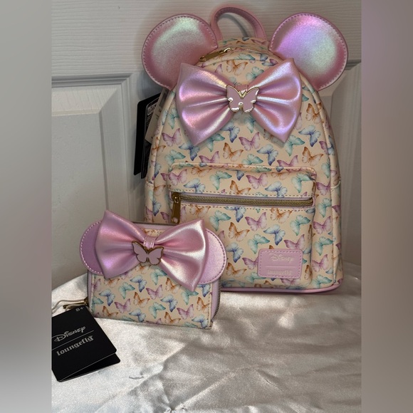 NWT Loungefly Disney Minnie Mouse Butterfly Iridescent Backpack and NWT Wallet - Picture 3 of 13